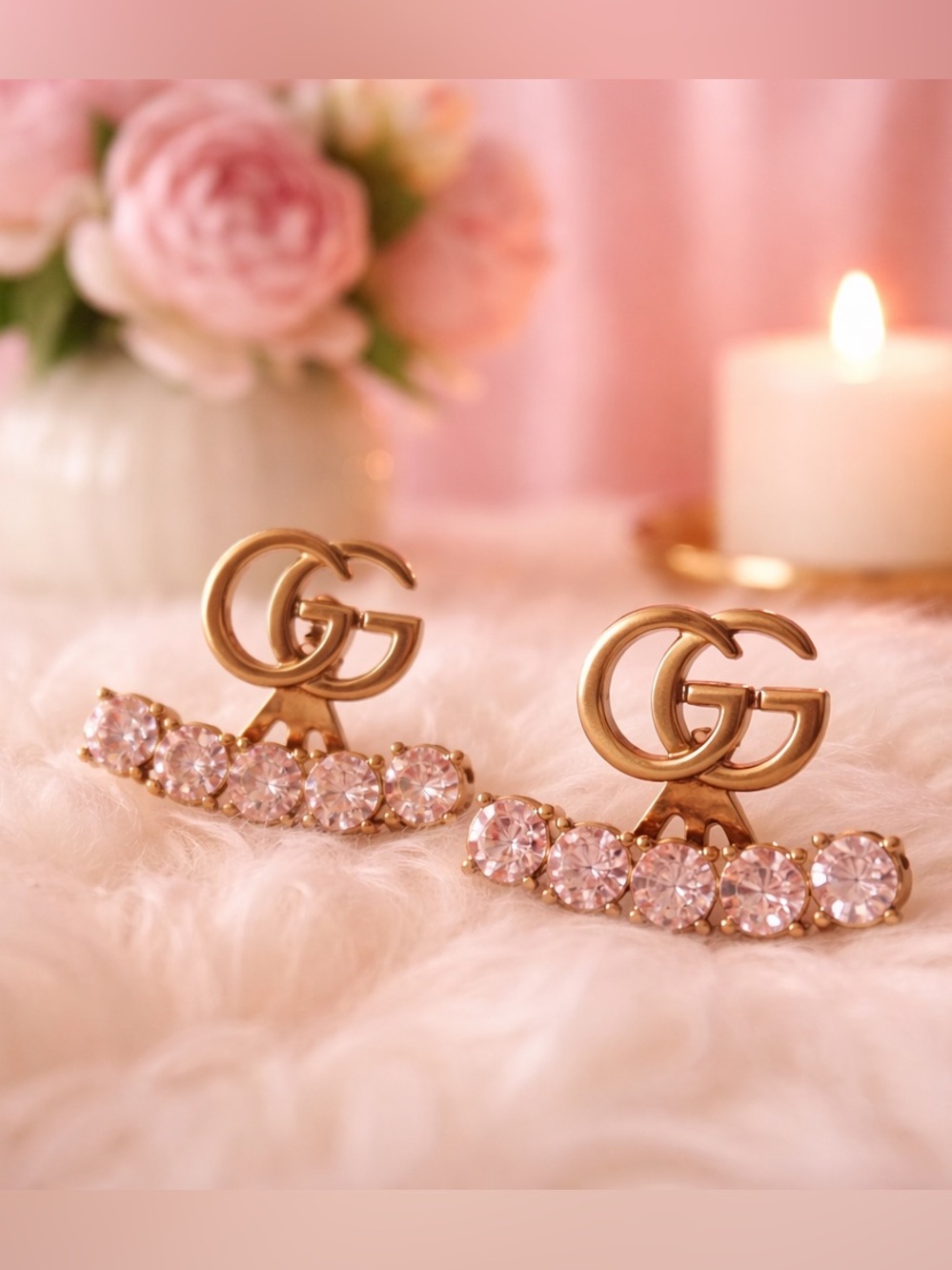 GG-Inspired Gold Tone Earrings with Pink Crystals